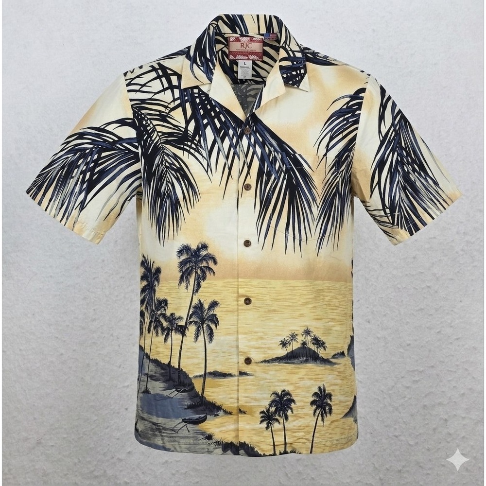 RJC Men's Blue & Yellow Palm Tree Print Hawaiian Short Sleeve Shirt. Size L